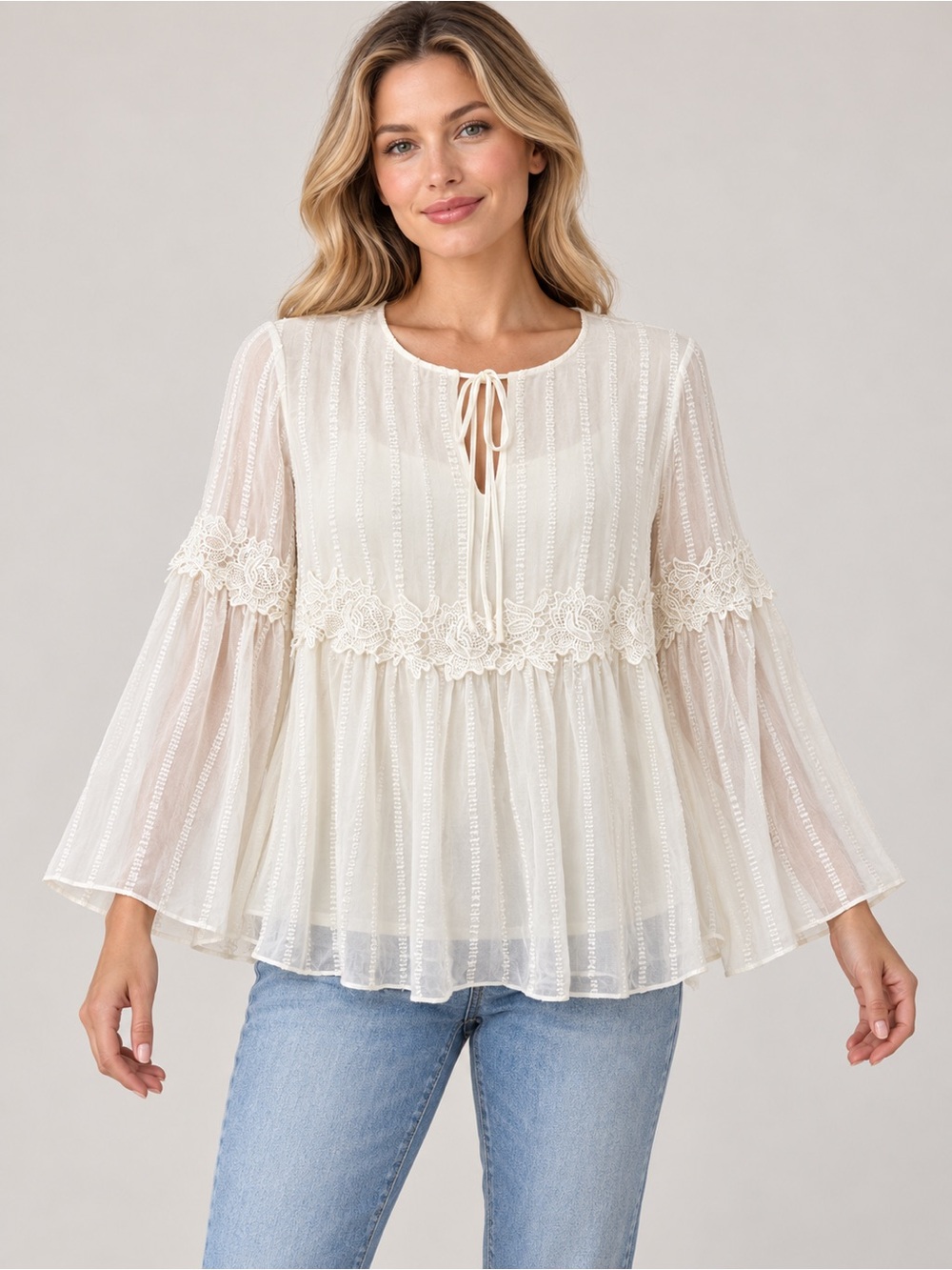 Ellen Tracy Ivory Lace-Trim Peasant Blouse,
 XS